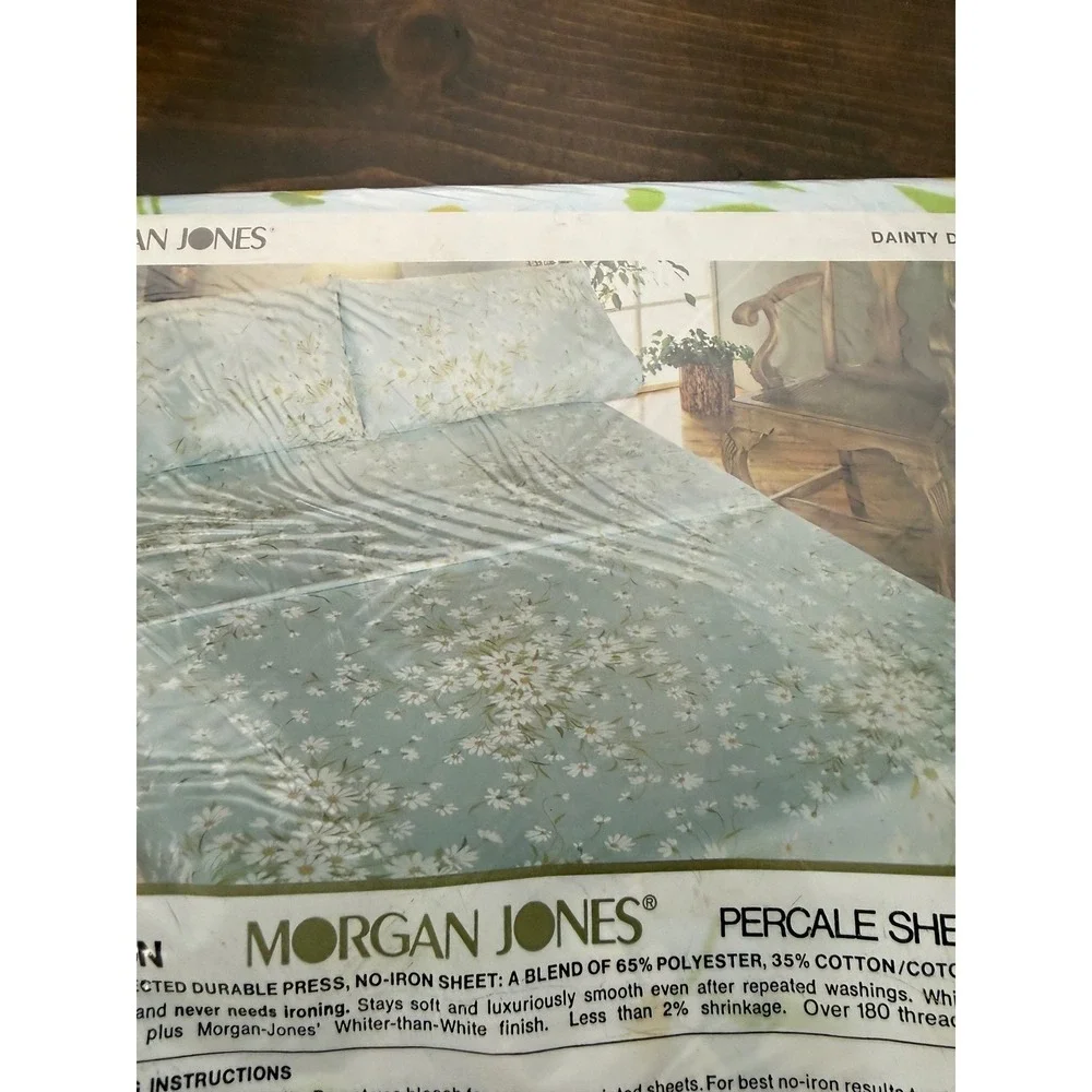 Morgan Jones Vintage Double Flat‎ Sheet Dainty Daisies Blue Floral Percale USA